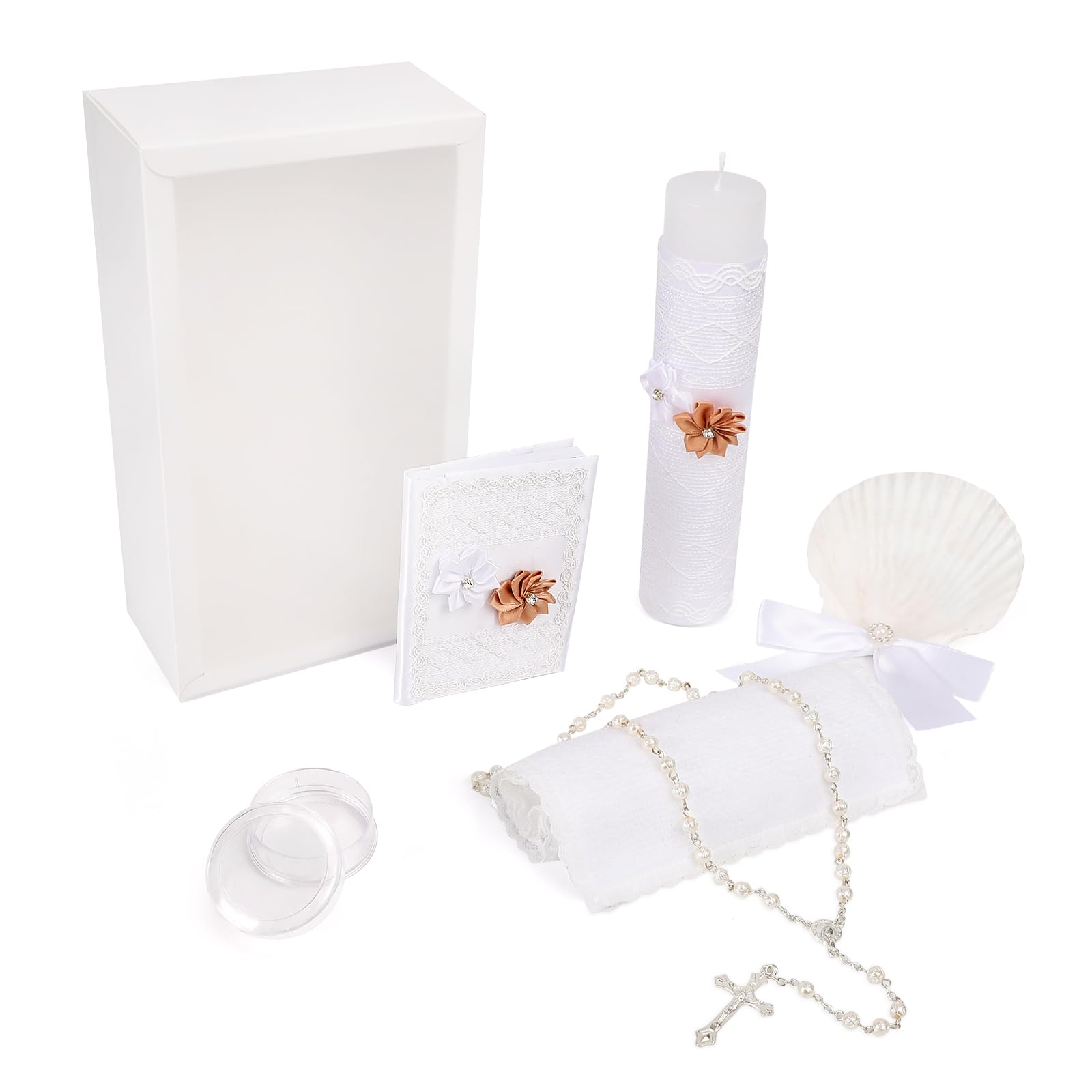 5 PCS Baptism Candle Set for Boys and Girls,Baptism Kit Catholic Candle,Towel,Shell,Rosary andBible for Baptismal Christening First Communion Gift,Velas para Bautizo De Niño o Niña
