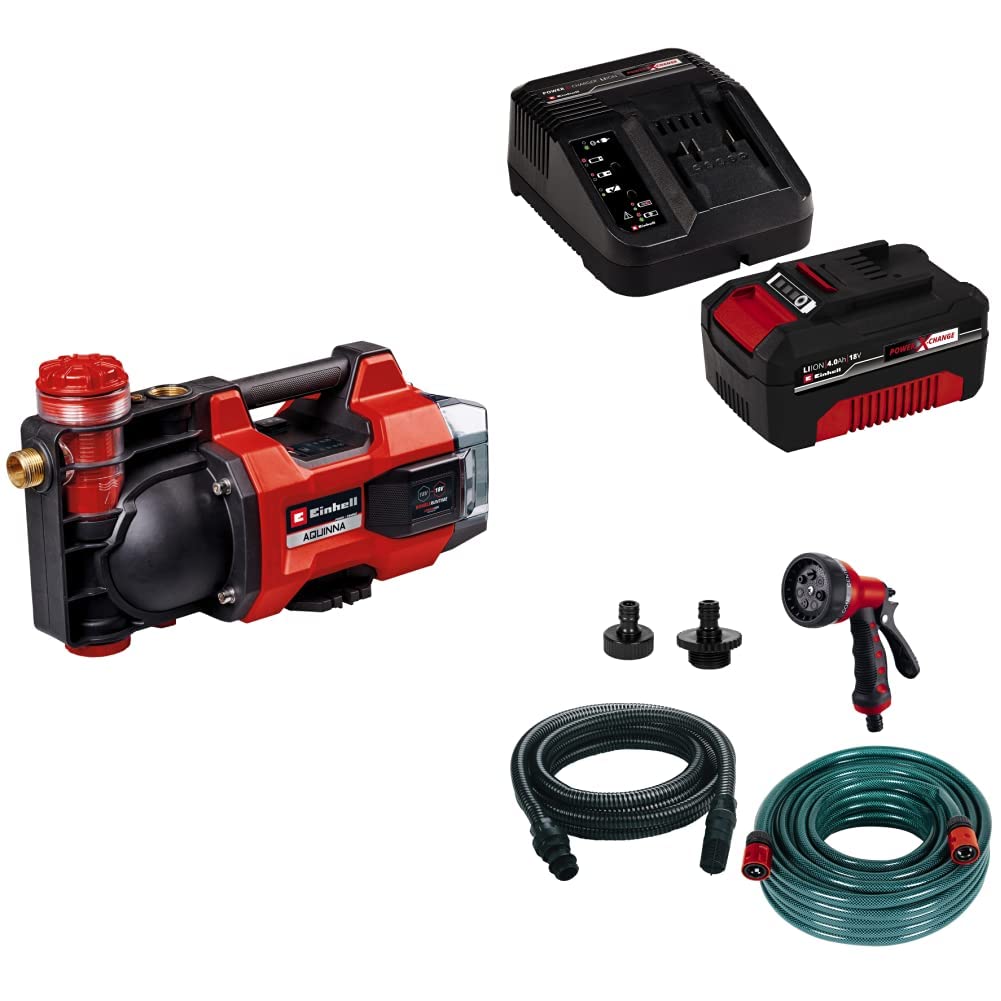 Einhell Akku-Gartenpumpe AQUINNA 18/30 F LED Power X-Change (18 V, max. 3000 L/h Fördermenge, 2 Akku-Steckplätze, ECO-/BOOST-Modus, Vorfilter, inkl. 4,0 Ah Akku, Ladegerät, 5-tlg. Zubehör-Set)
