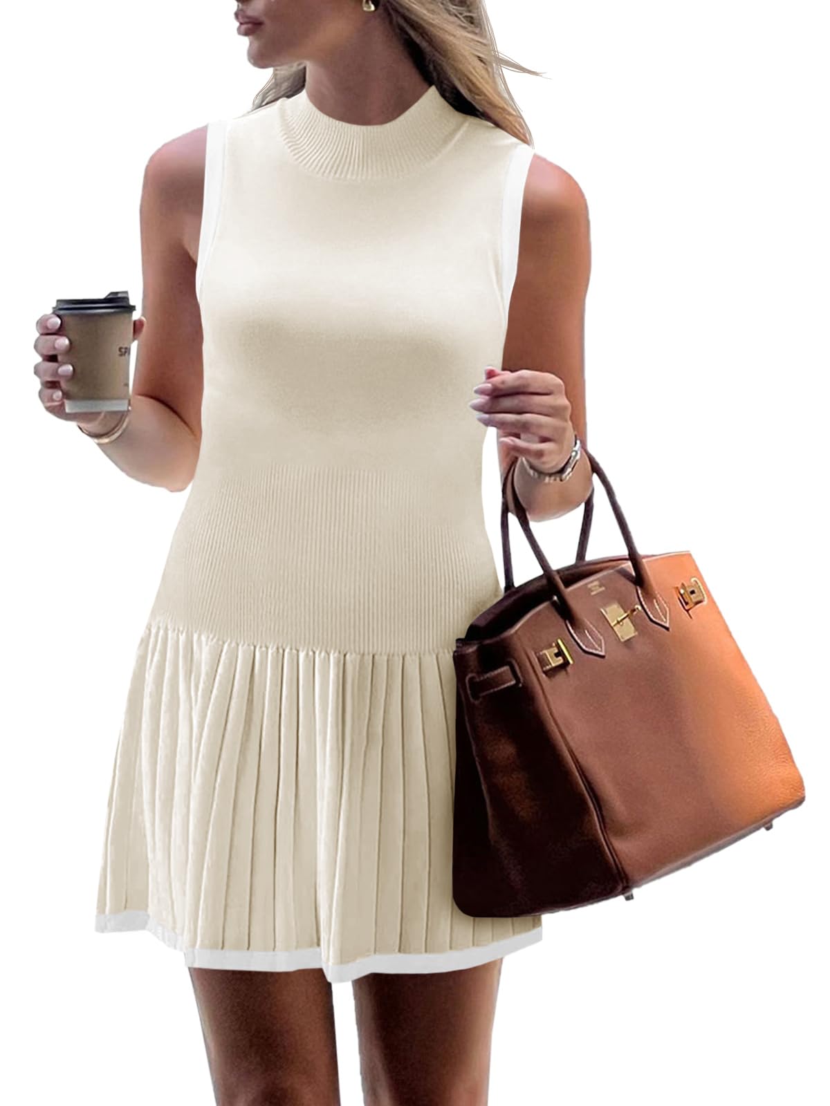 Wenrine Womens Pleated Mini Dress Sleeveless Summer Tank Dresses | mock neck, drop waist, flowy, ribbed knit, casual short dress
