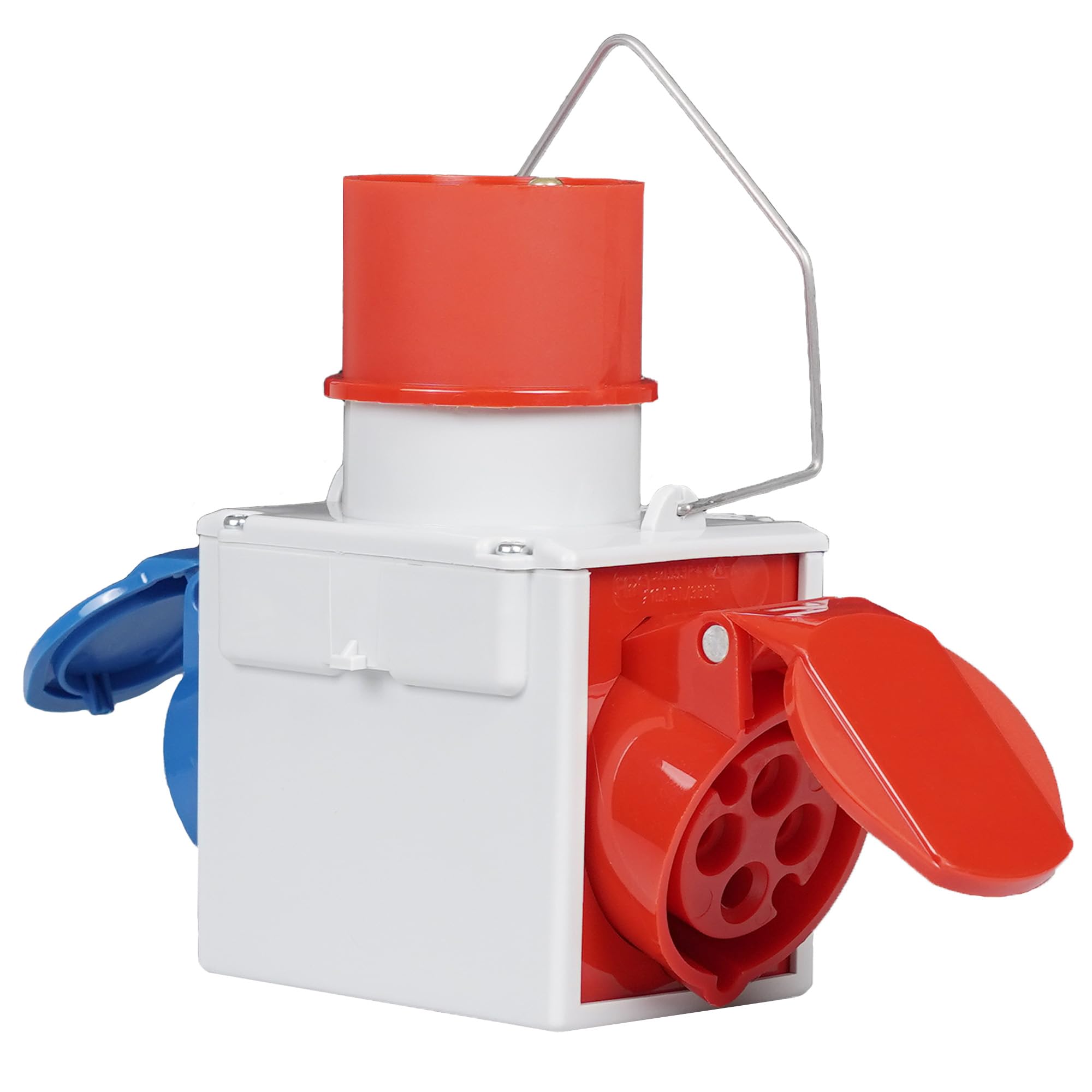 Adaptador industrial doble enchufe Color 3P + N + T 16 A CEE roja 400 V – IP44. Toma Color 1 x 2p + t 16 a Azul IP44 – 1 x 3P + T 16 A Rojo IP44.