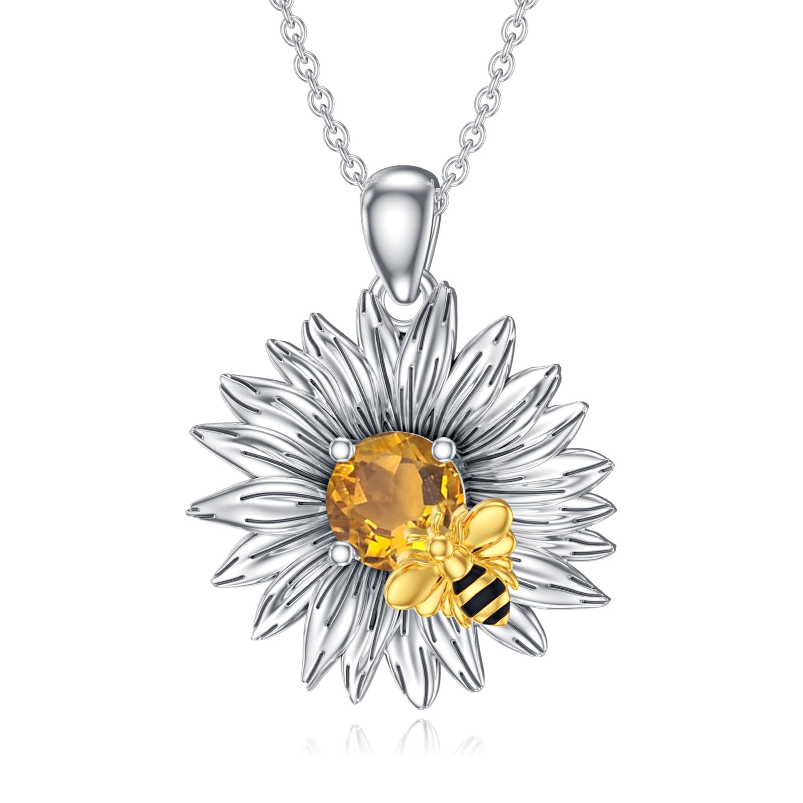 Reaii Women's 925 Sterling Silver Daisy Flower with Bee Pendant Necklace, Yellow Citrine, 18 inches