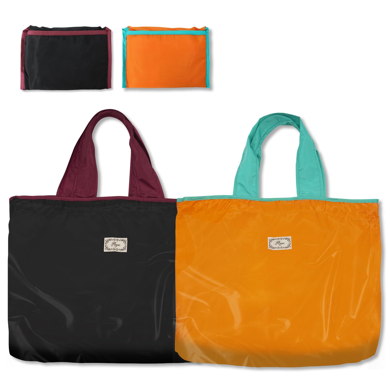 Long Keeper 2 Pcs Foldable Shopping Bag Drawstring Reusable Grocery Bags Large Washable Portable Folding Tote Bag in Pouch for Daily Shopping Travel Household (2, Black+Orange)
