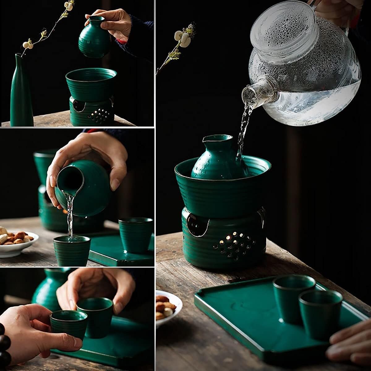Ceramic Shochu Bottle & Sake Set with Wine Warmer, 4 Cups, & Antique Liquor Stove – Green Ceramic Traditional Japanese Sake Set