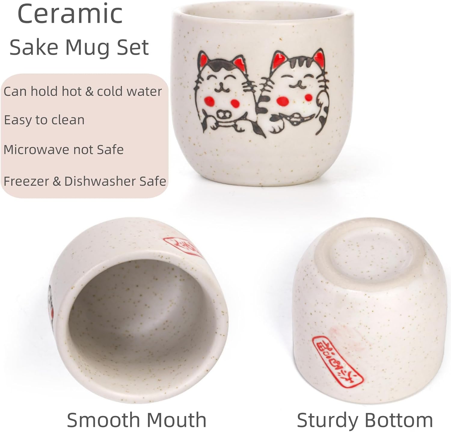 Tlence 5 Pieces Ceramic Japanese Sake Set, Cute Maneki Neko Sake Cups, Saki Set with 1 Serving Carafe Bottle 4 Cups in Lucky Fortune Cat Pattern for Hot Drink, Home Decoration, Gift, Dishwasher Safe