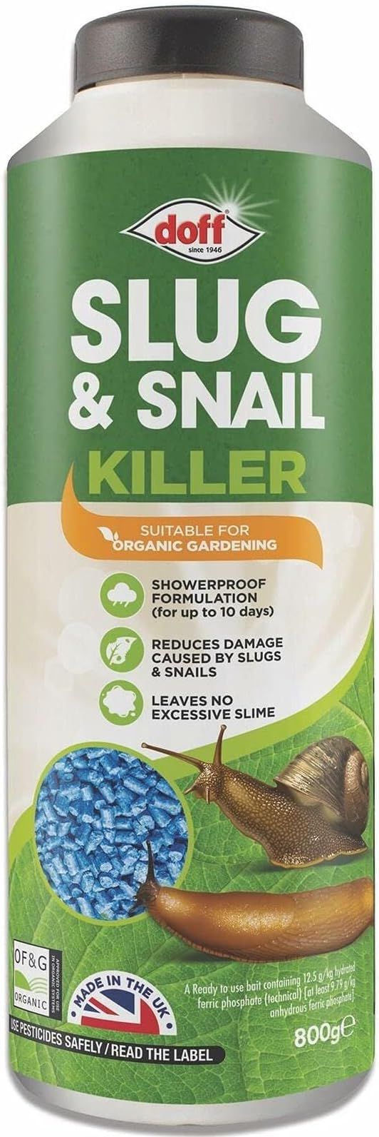 Doff Slug & Snail Killer - 800g Slug Pellets for Garden - Ferric Phosphate Slug and Snail Pellets - Long Lasting Pest Control in Damp Conditions for Up to 14 Days - Crop Friendly