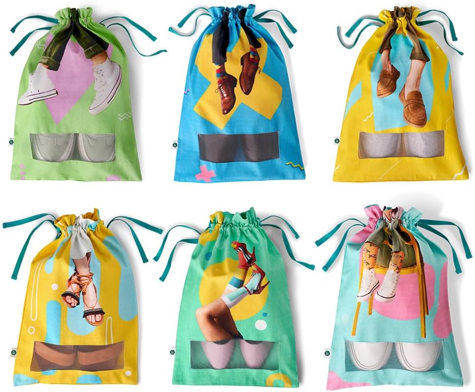 Hexafun100% Organic Printed Cotton Women's Shoe Bags for Travel and Storage | for Dustproof Packing | Portable Footwear Organizer Bag | Drawstring Shoe Cover- Pack of 6