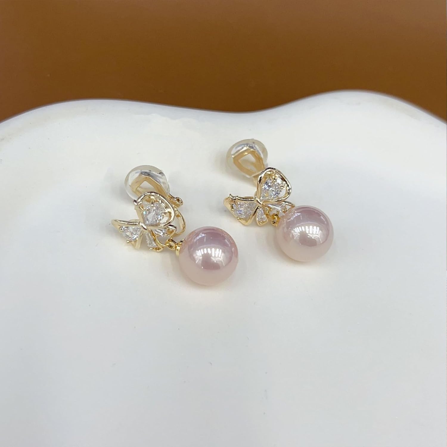 Pink/White Pearl Bow Clip on Earrings Women Rhinestone Bow Clip Earrings Cute Bow Clip Earrings - Image 3