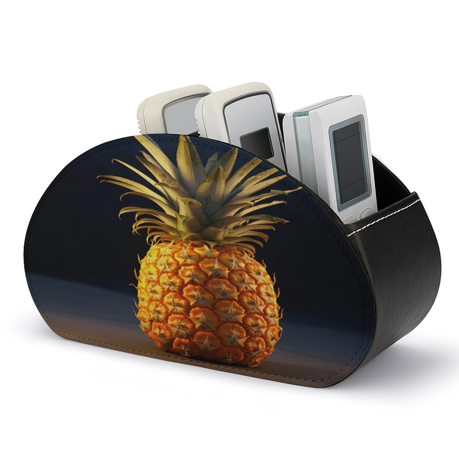 LZQPOEAS Pineapple Fruit Remote Control Holder with 5 Compartments PU Leather Remote Organizer Box Caddy for Table Nightstand Remote Caddy Desktop Organizer Fits Media Controllers