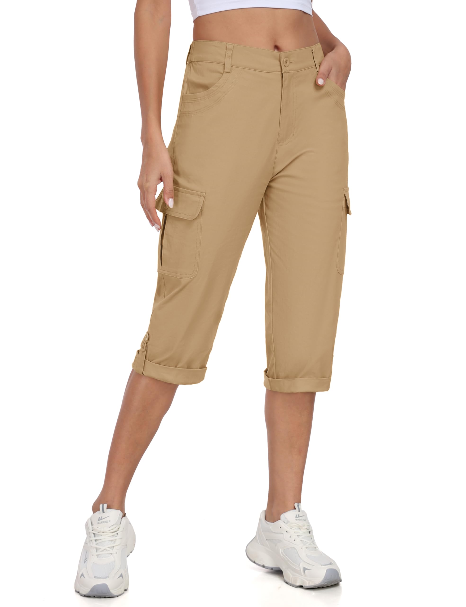 MoFiz Femme Cargo Pantalon Cotton Randonnée Capri Pants Taille Elastique Trekking Pantalon avec Poches