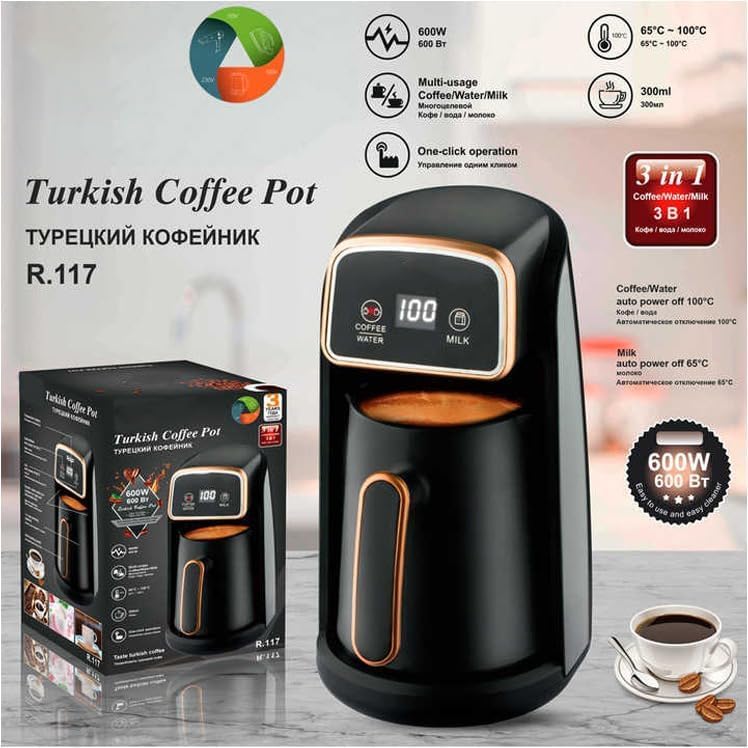 Image of Automatic Turkish Coffee Maker Machine, 1 to 4 Cups, Cordless Electric Coffee Pot, Electric Turkish Coffee Maker, 360 ML, Black /Gold (Black Gold 1)