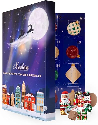 Madelaine - Calendario de Adviento de chocolate sólido con leche 2025, 24 golosinas surtidas de leche con temática navideña