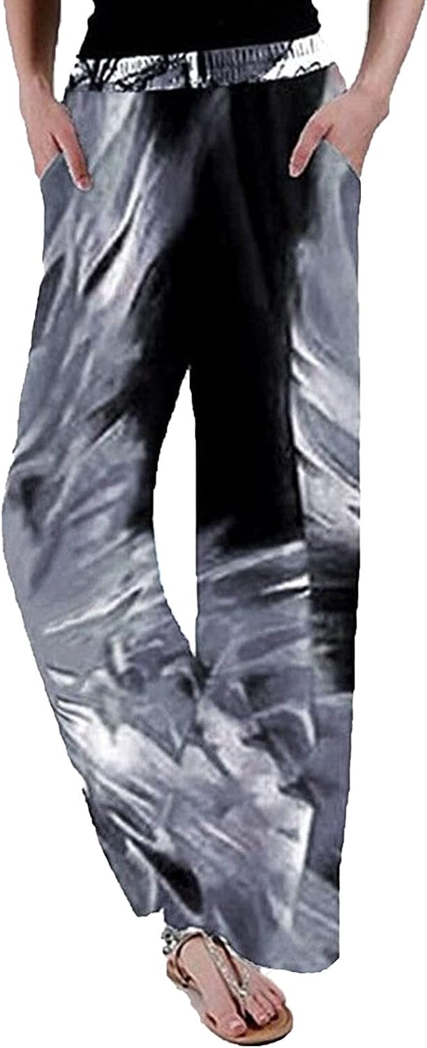 DGHM-JLMY Irregular Pattern Casual Pants for Women Tie Dye Wide Leg Harem Pants Linen Trousers Elastic Waist Baggy Pants