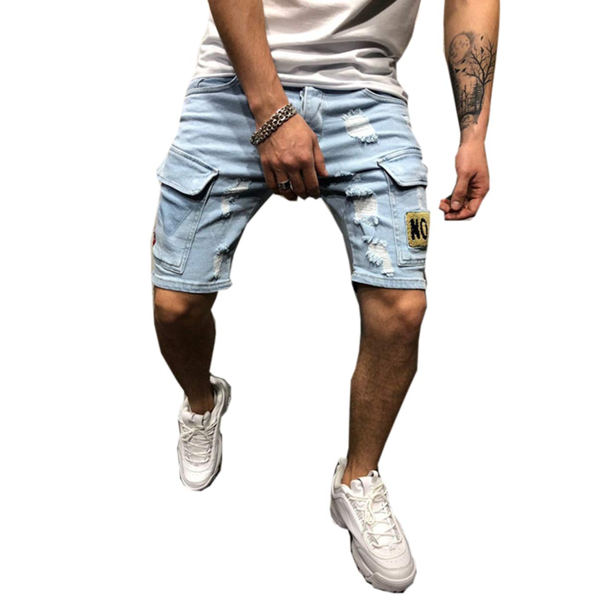 SeidariseMen's Denim Shorts Jean Short Blue Ripped Hole Distressed Casual