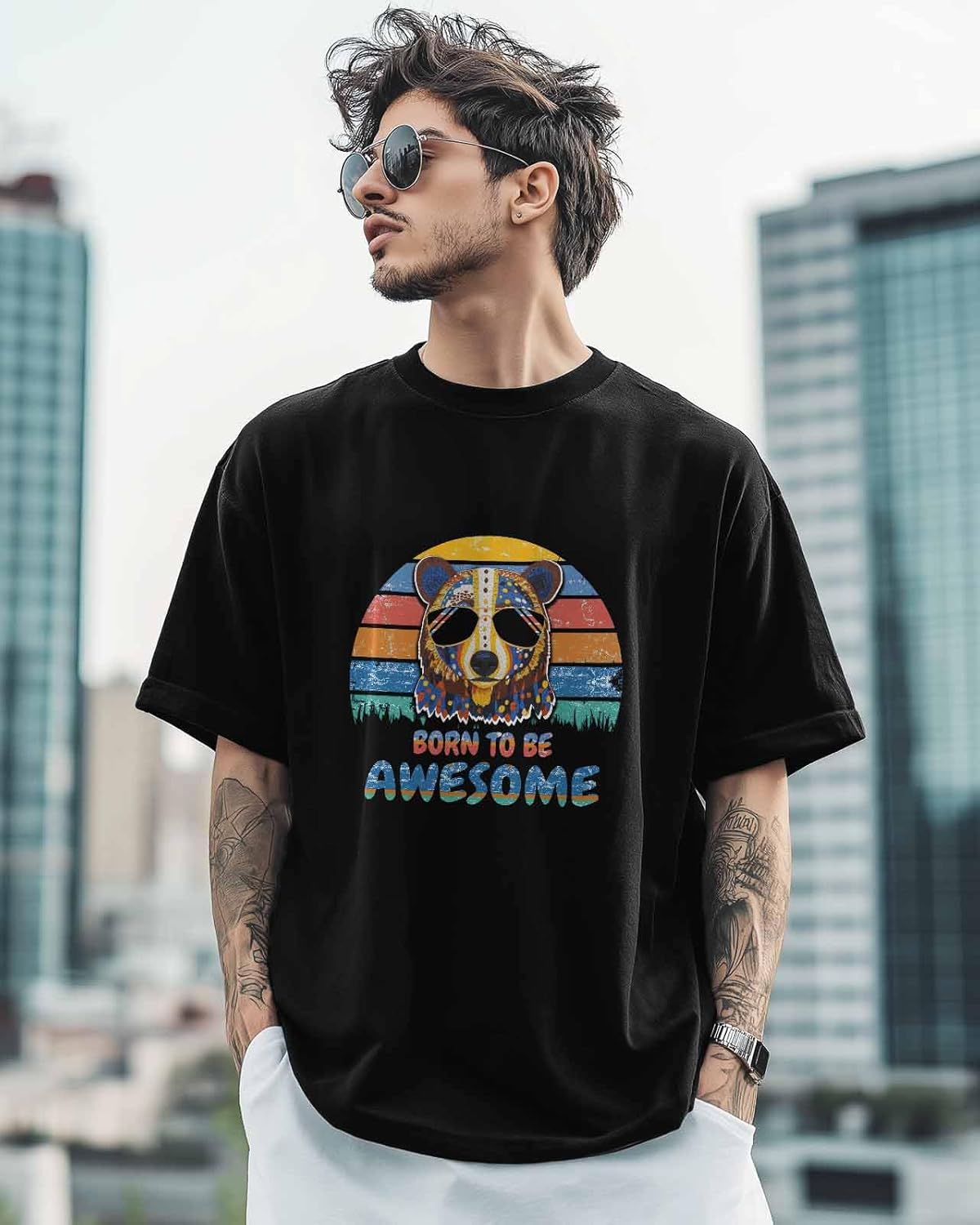 BEMIGO T Shirts for Men Graphic Tees Men Sunglasses Bear Crew Neck Mens Shirts Short Sleeve Color Stripe Casual T-Shirt - Image 3