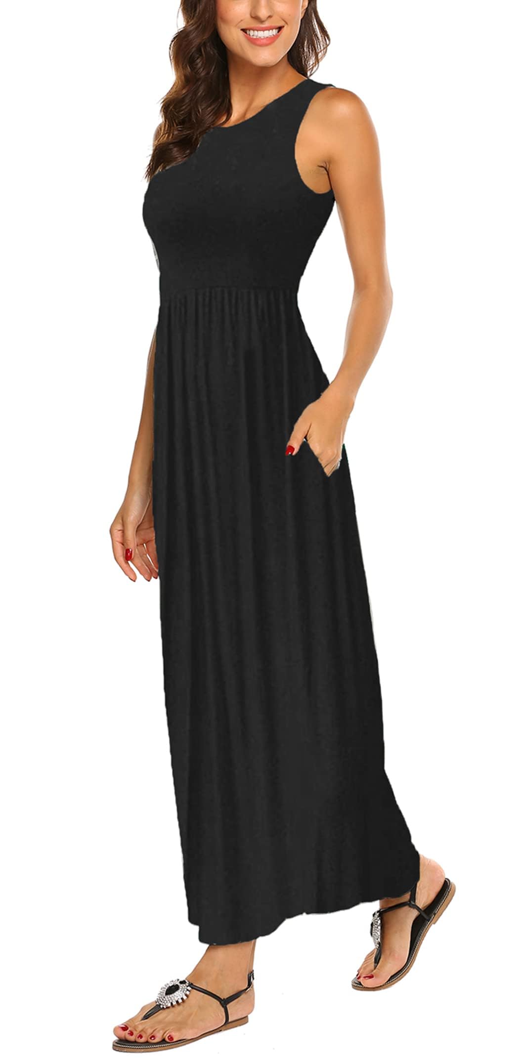 BDTECAOR Maxikleid Damen Sommer Boho Ärmellos Strandkleider Lässige Lange Tank Kleid mit Taschen