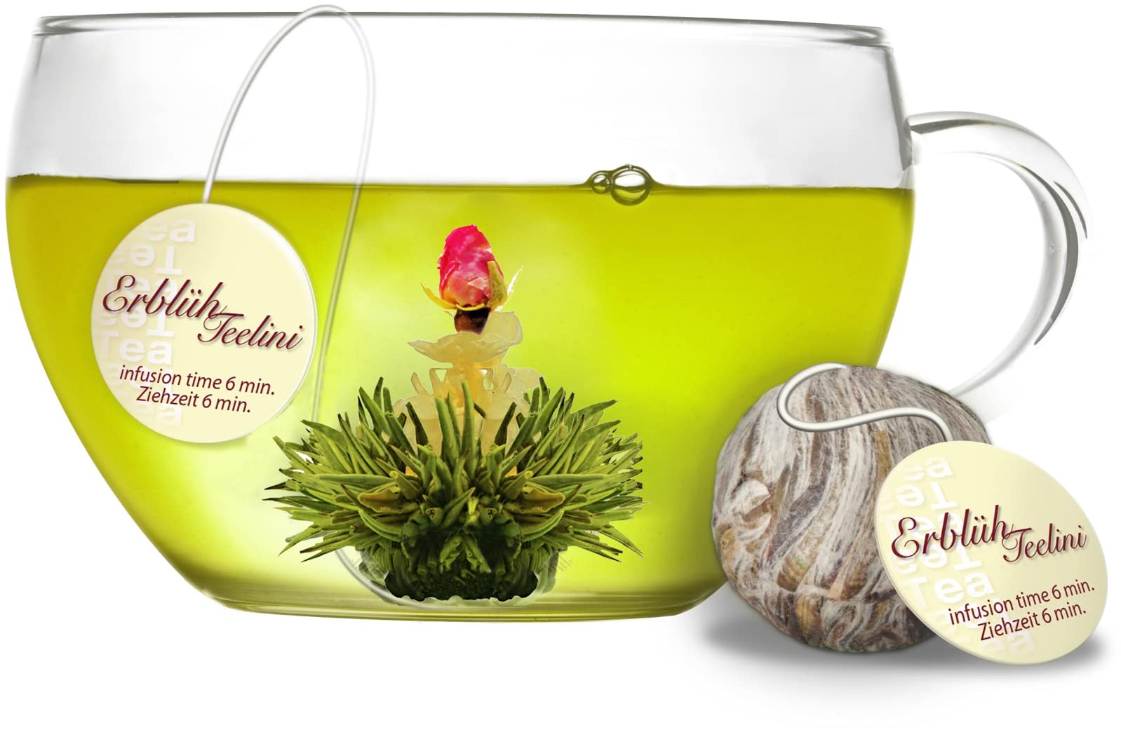 Creano Fiori di Tè Tèlini in un Formato di Tazza - Set regalo in una Scatola da Tè di legno - 12 fior di Tèlini di 4 Tipi diversi - Tè verde