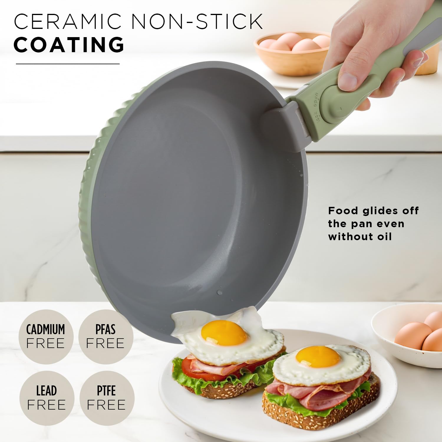 KASANOVA Batteria pentole 9 pezzi Eaziclip, Set pentole induzione con rivestimento ceramico e manici staccabili per uso in forno, Batteria antiaderente verde con coperchi