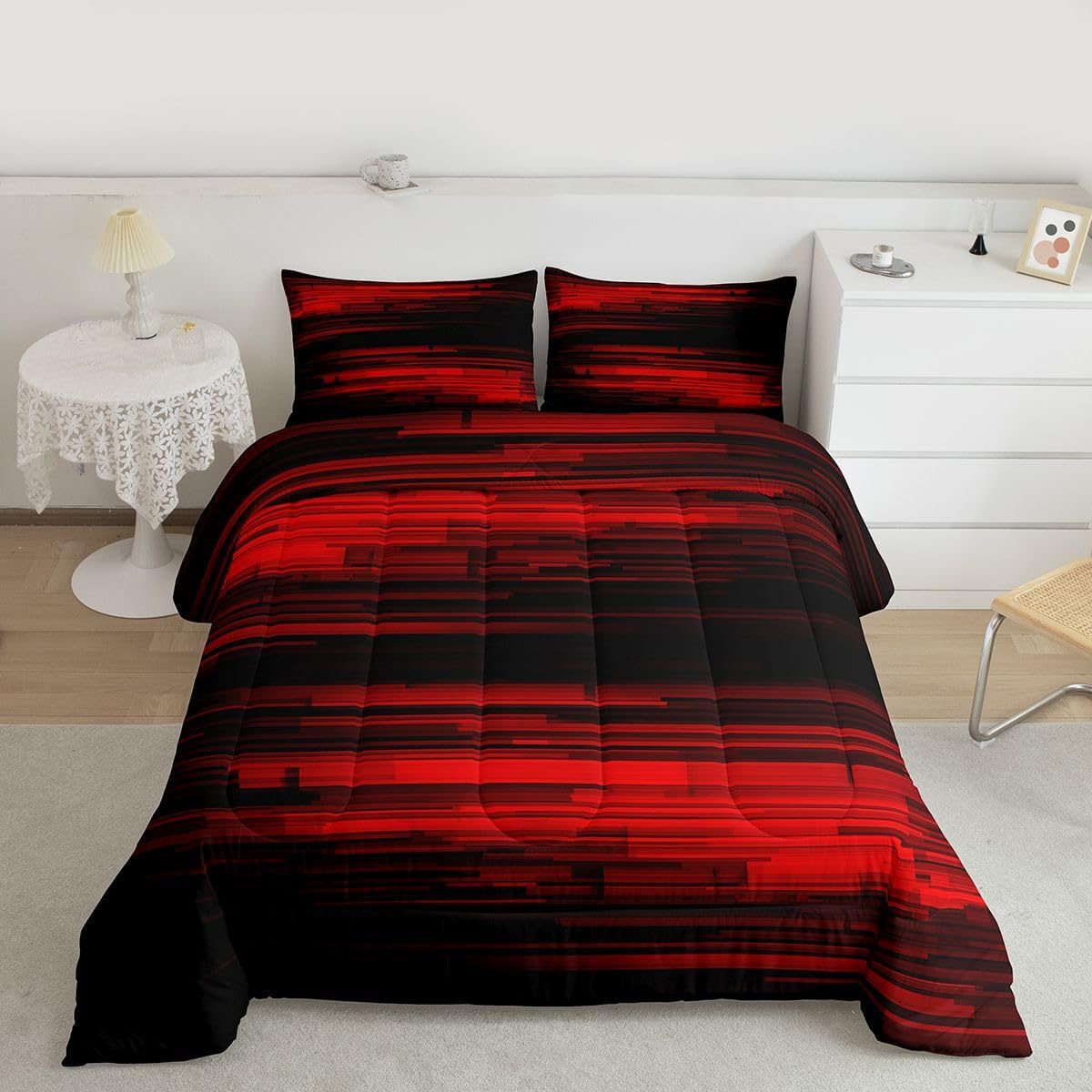 jejeloiu Red Ombre Bedding Set Queen Size Ombre Effects Comforter Set Geometric Strip Lines Comforter Red Black Duvet Set Bedroom Quilt Set