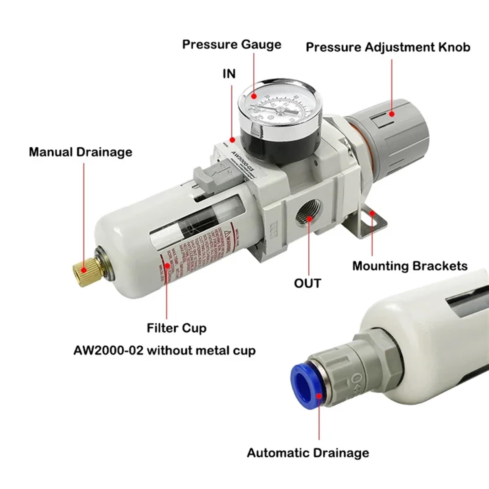 Regulator filtra powietrza sprężarki, separator oleju, pneumatyczny regulator ciśnienia powietrza, filtr miedziany, AW2000-02 AW3000-03 AW4000-04(Aw3000-03)