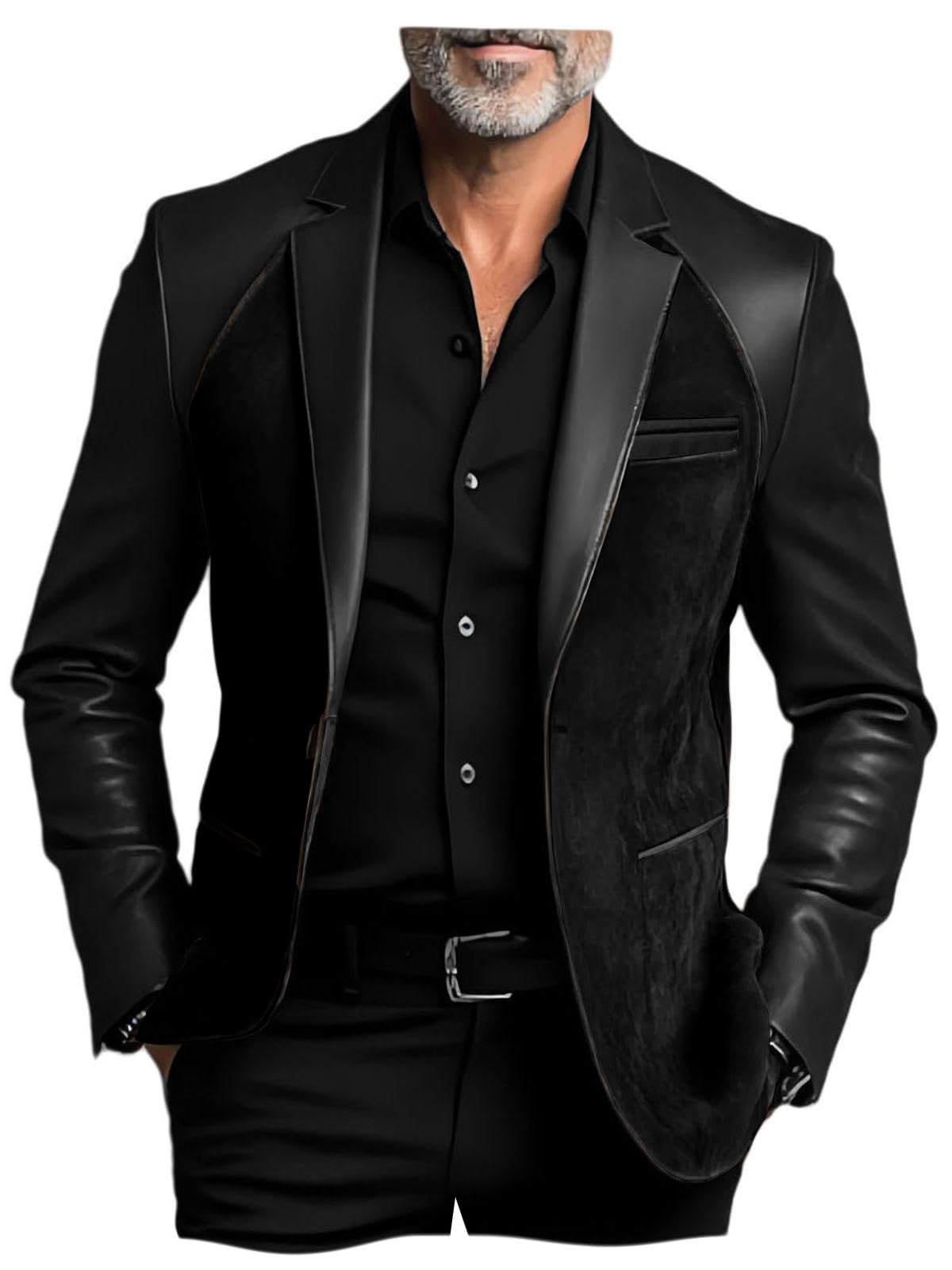 Mens Colorblock PU Leather Coat Faux Suede Blazer Two-Tone Suit Jacket
