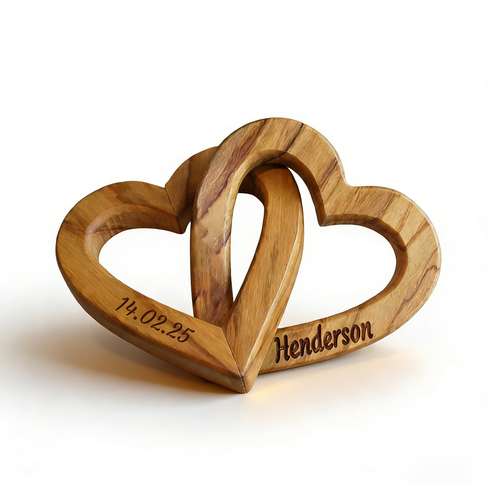 Personalized Olive Wood Interlocking Hearts, Custom Engraved Connected Hearts with Names/Dates, Handmade Romantic Sculpture for Valentine's Day/Wife/Wedding/Engagement/Anniversary/Birthday (M)