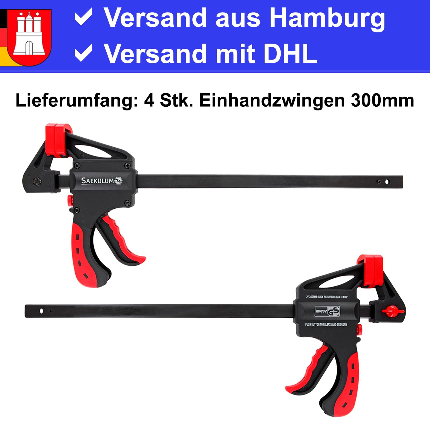 4 Stk. Einhandzwinge 300mm Schnellspannzwinge Klemmzwinge Einhandklemme Schnellspanner Schraubzwinge Spannzwinge Zwingen