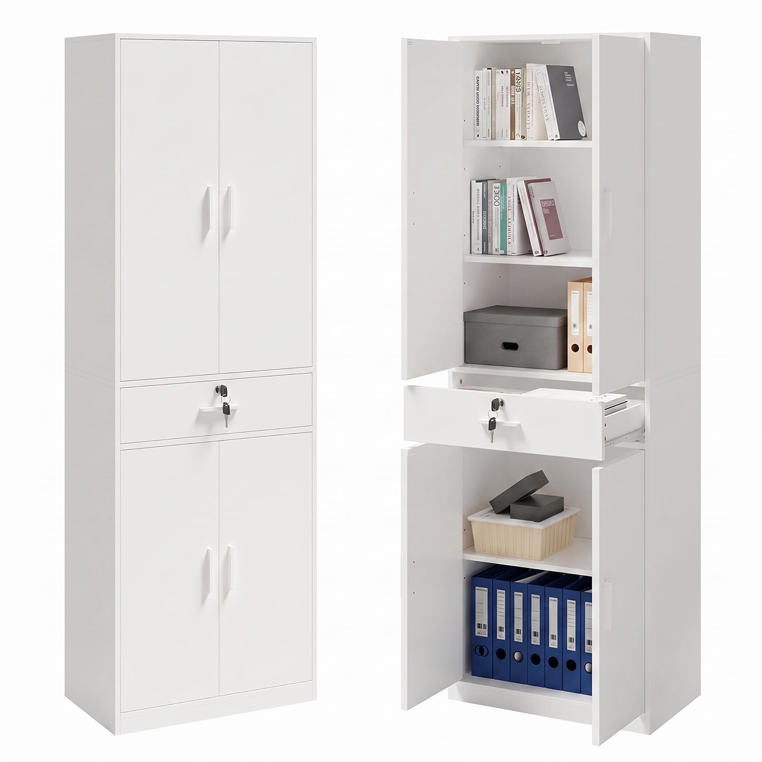 Armario de Oficina Multifuncional con llave Cajones y Cerradura, Blanco | Armario de Almacenamiento Multifuncional con 5 Niveles y Baldas Ajustables, Para salón, dormitorio despacho，60 x 180 x 34 cm