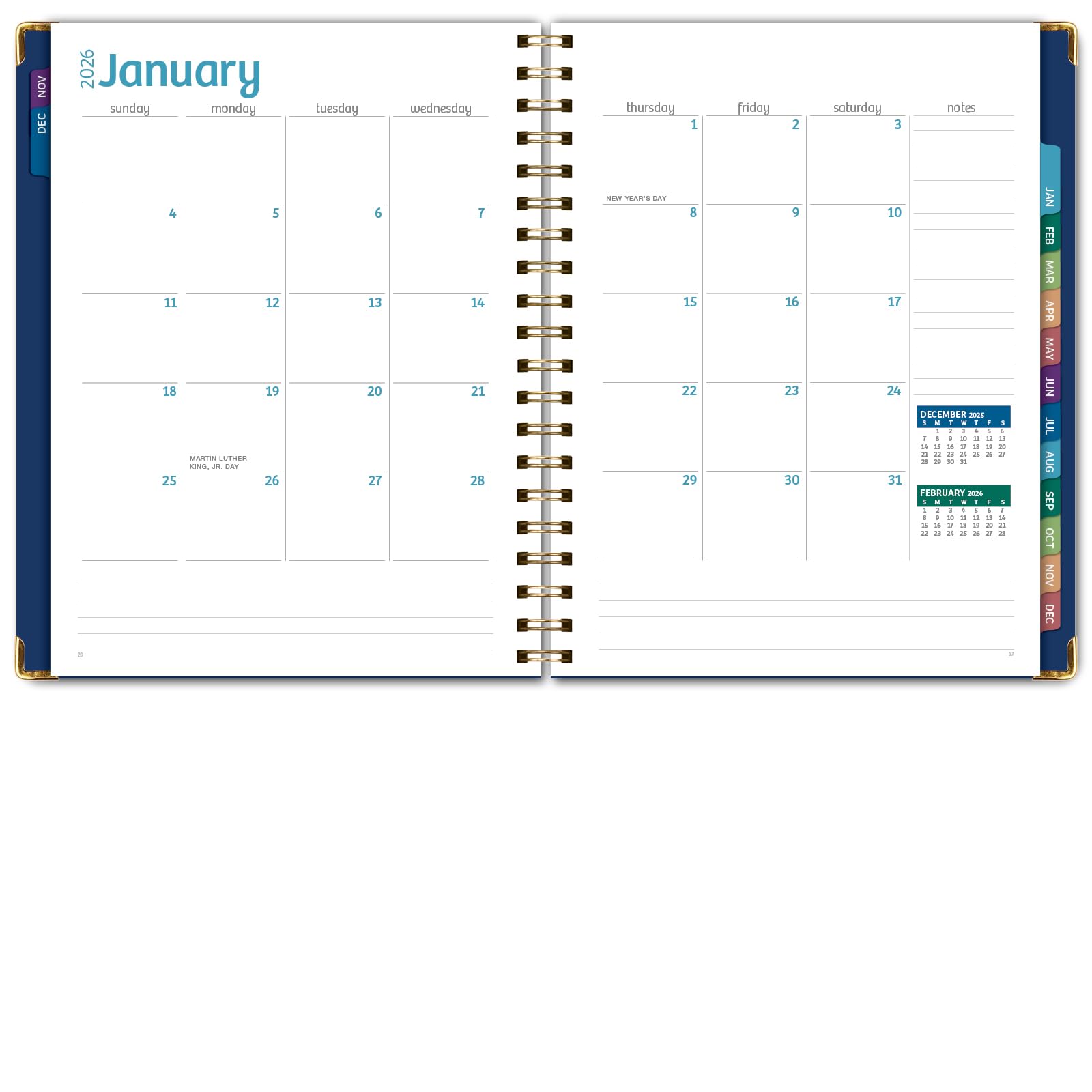 Agenda 2026 de tapa dura, 8.5 x 11 pulgadas: 14 meses (noviembre de 2025 a diciembre de 2026), agenda diaria, semanal, mensual, agenda anual, marcapáginas, carpeta de bolsillo y juego de notas