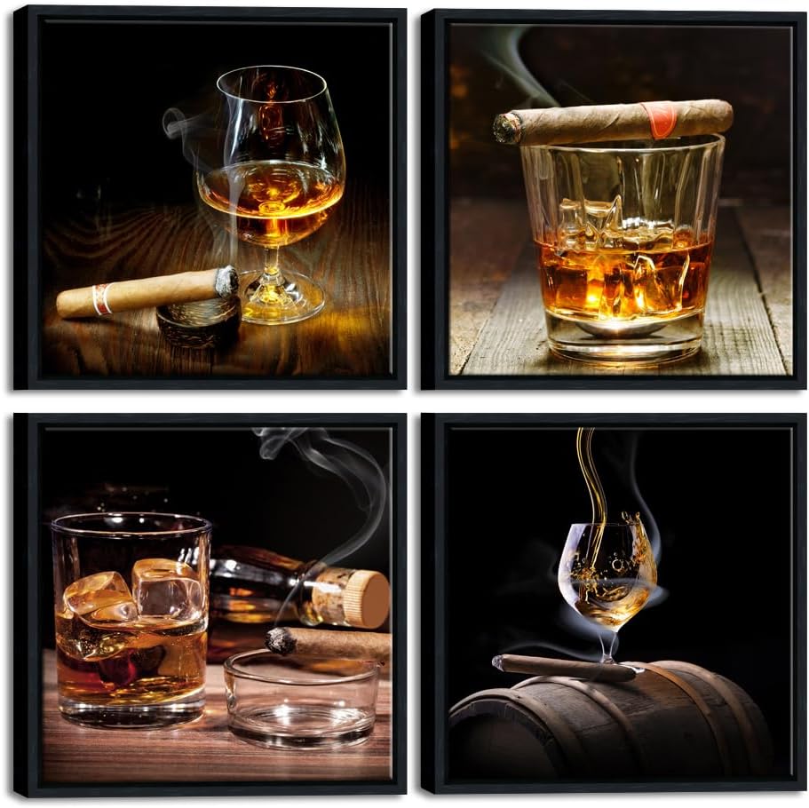 Pyradecor Black Framed Wall Art 4 Pieces Cigar Wine Whisky Canvas Prints Liquor Still Life Pictures Paintings for Kitchen Bar Pub Home Decorations