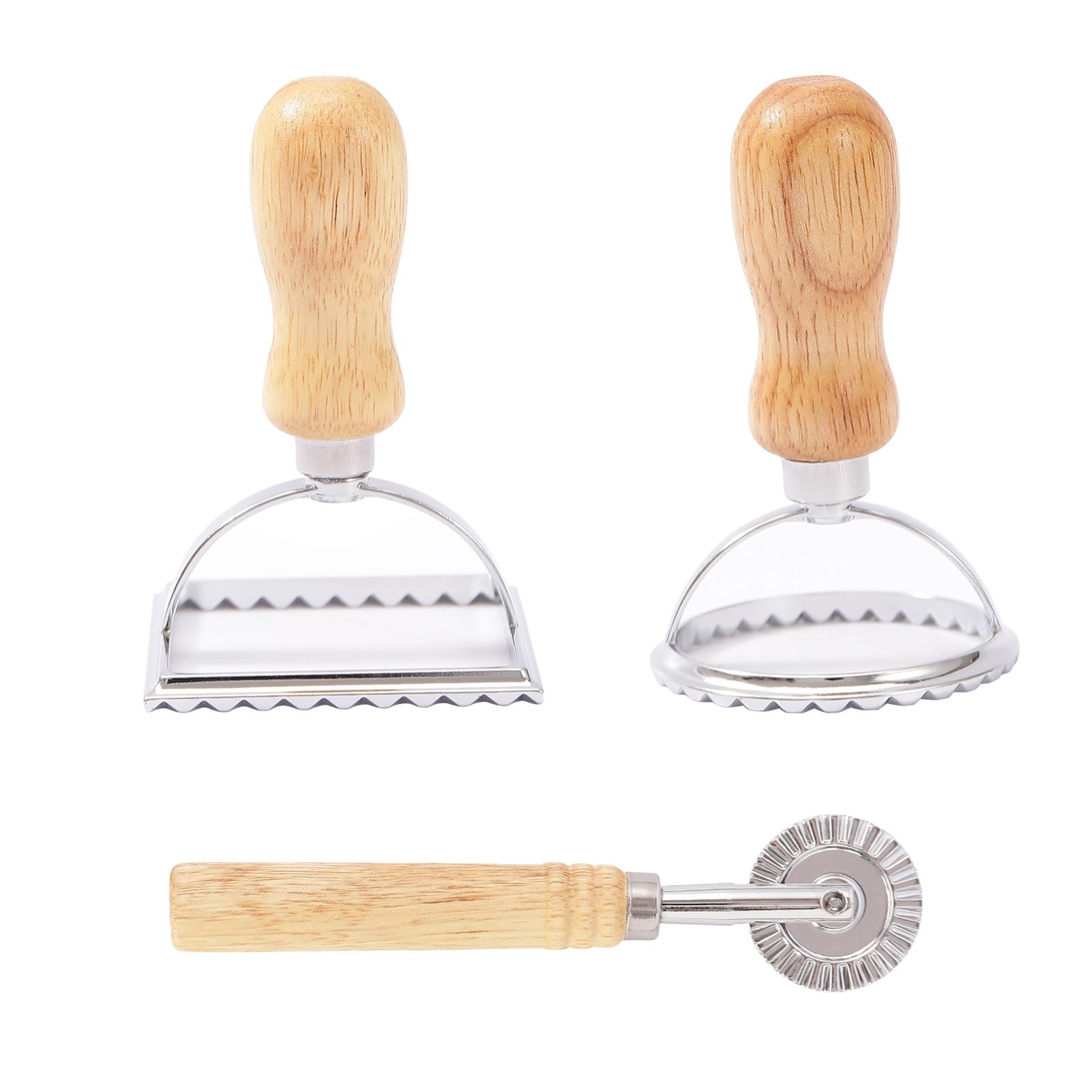 3pcs Ravioli Cutter Set, Pasta Maker Mold with Wooden Handle and Fluted Edge, Ravioli Cutter and Press Stamp for Pasta, Dumplings Lasagna, Pierogi