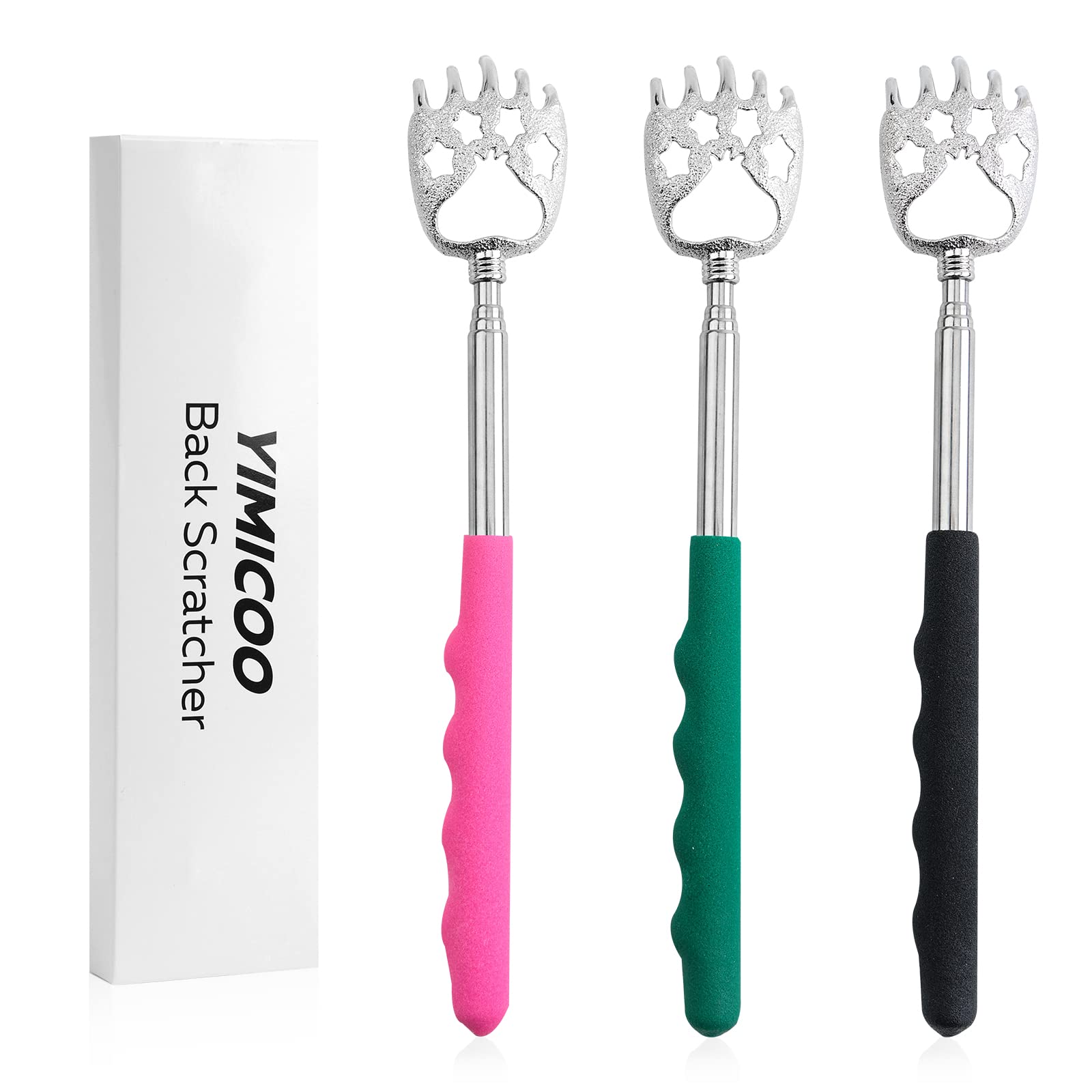 3 Pack Extendable Back Scratcher, Stainless Steel Portable Telescoping Back Scratchers for Adults Men Women, Bear Claws Back Massager Tool with Rubber Handles