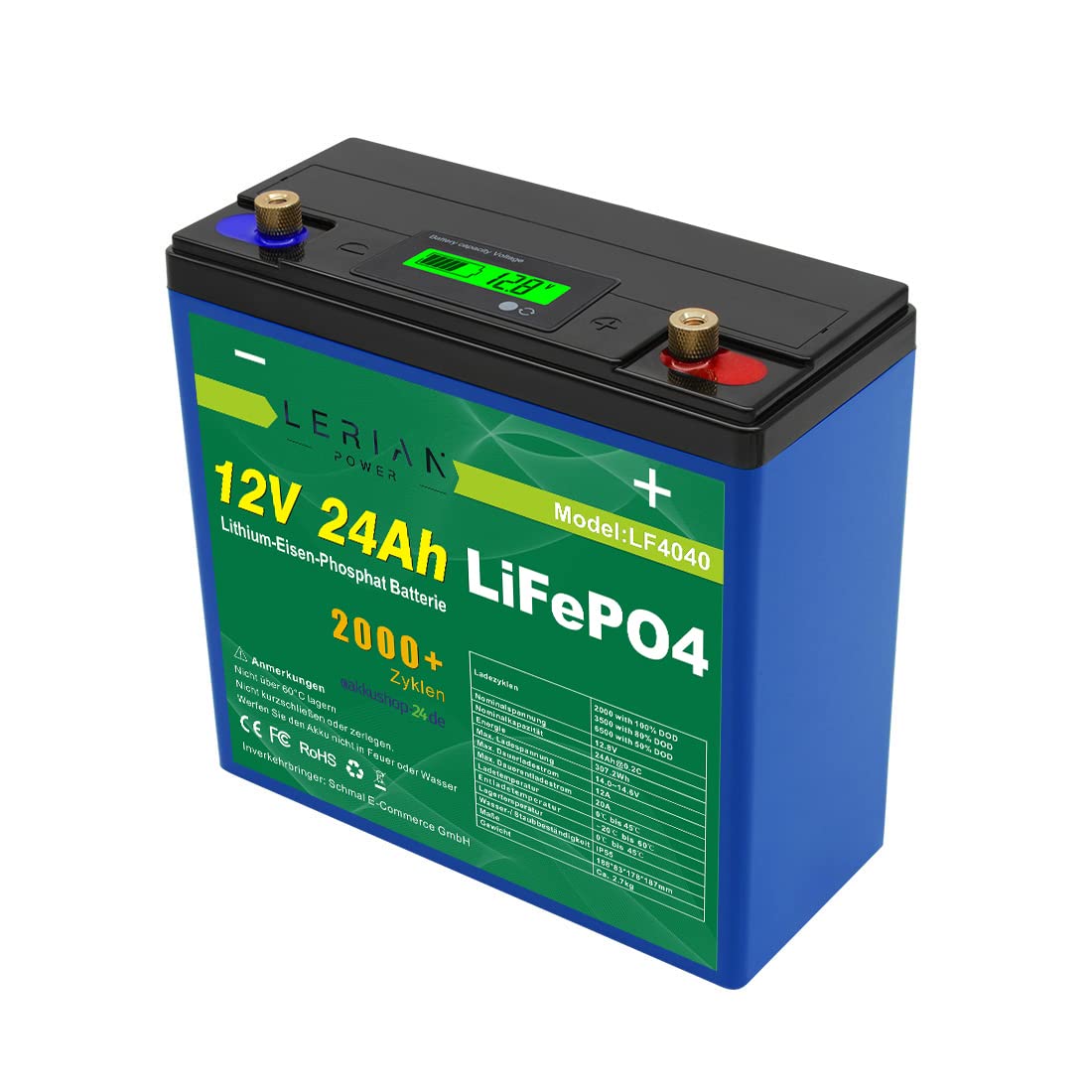 LiFePO4 - Batteria al litio da 12 V, 24 Ah, 20 A, per campeggio, barca, roulotte solare