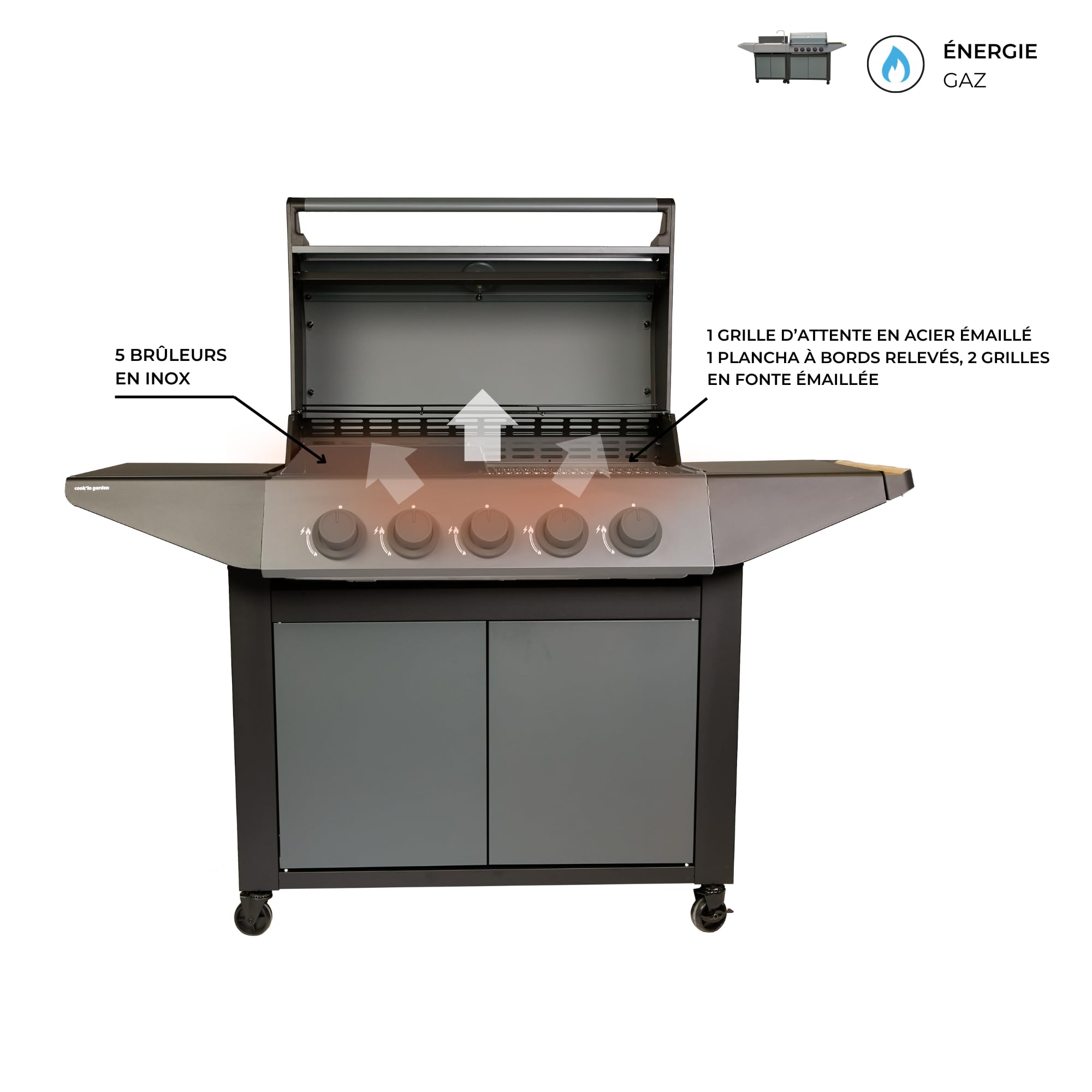 Cook'in Garden - Barbecue à gaz BURN 80 PREMIUM 5 brûleurs + évier