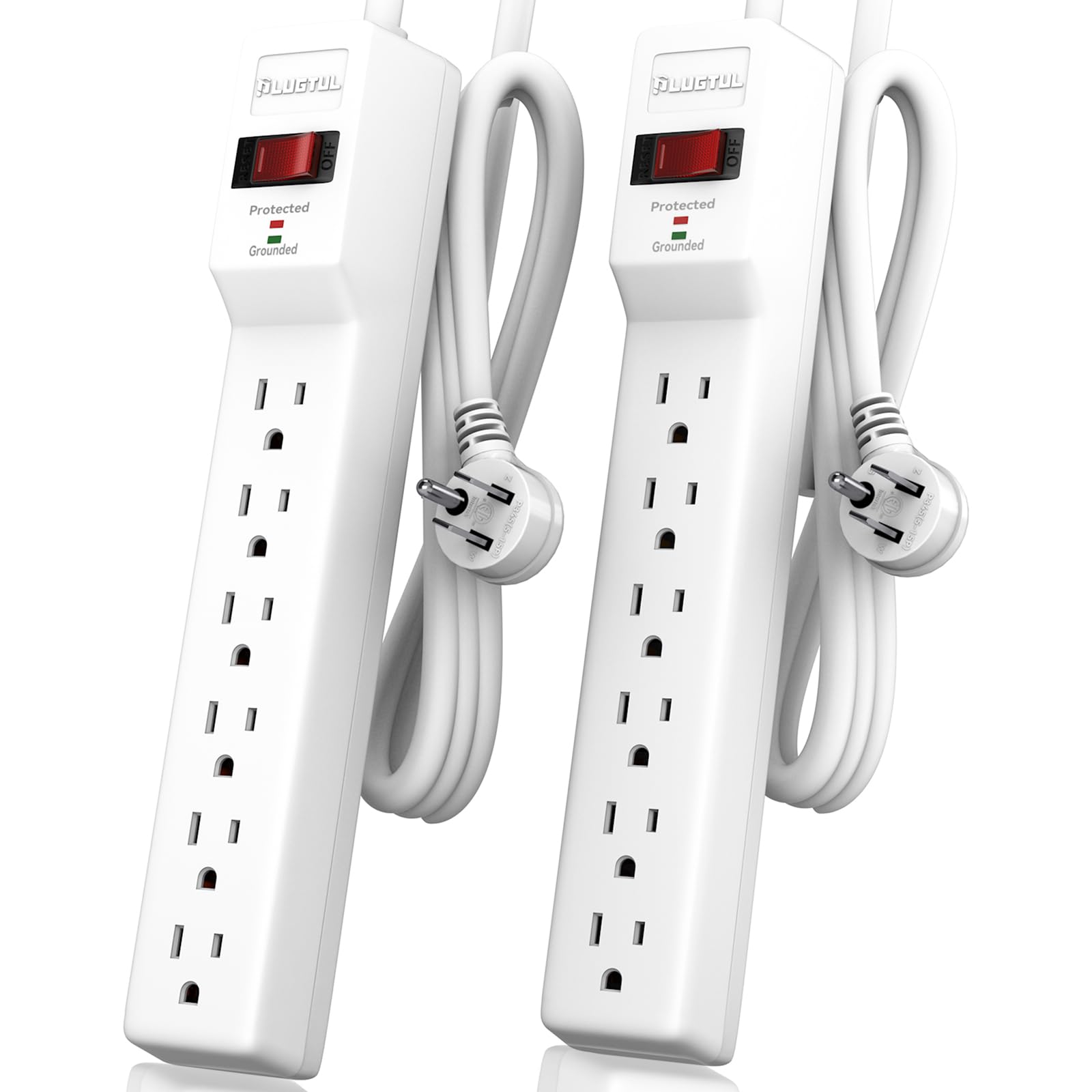 PLUGTUL 2 Pack Power Strip Surge Protector 4 FT, 6-Outlet, 980 Joules, Flat Plug, Wall Mountable for Home Office Garage, ETL Listed, White
