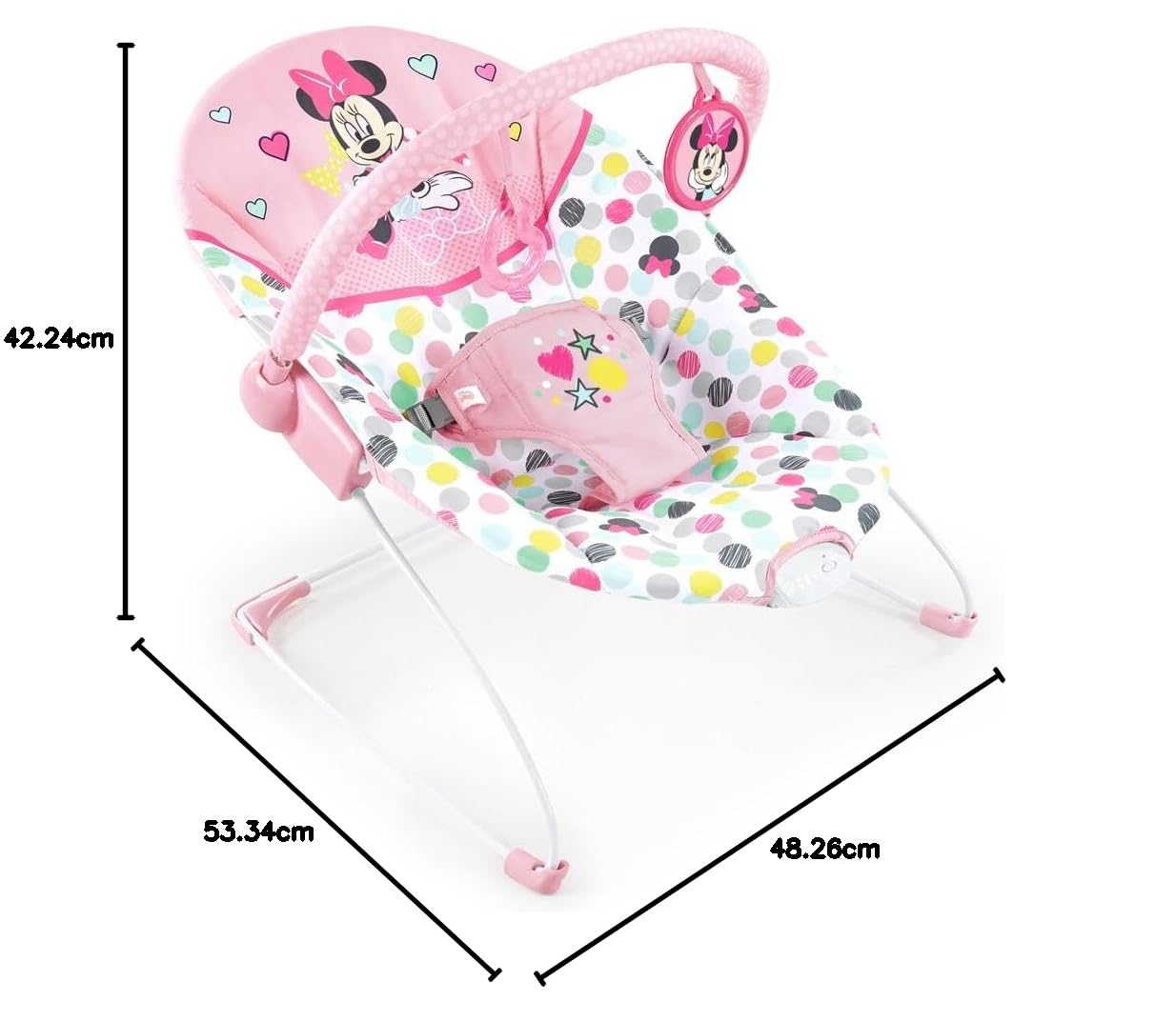 Bright Starts Sdraietta Disney Baby MINNIE MOUSE Seggiolino per neonati in peluche con vibrazioni calmanti - Barra di giochi rimovibile, 0-6 mesi (Spotty Dotty)