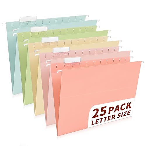 25-Pack Pastel Hanging File Folders, Letter Size (8.5"x11") with 1/5-Cut Tabs,35 Transparent Label Cards, 50 Sticker Labels–Home Office & Filing Cabinets - Pastel - 25