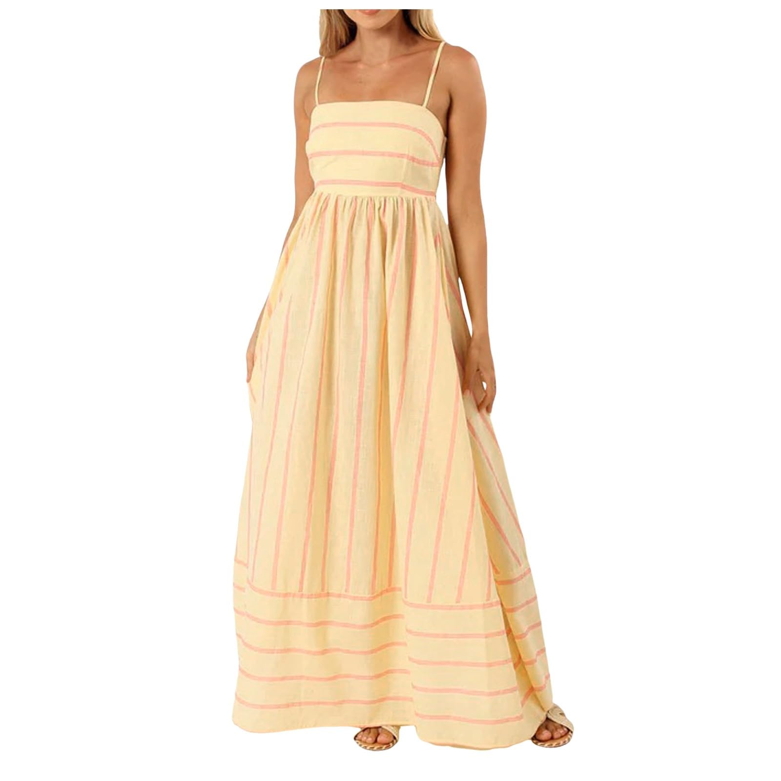 Vestido largo de verano para mujer, a rayas, sin mangas, con tirantes, tirantes delgados, estilo boho flowy