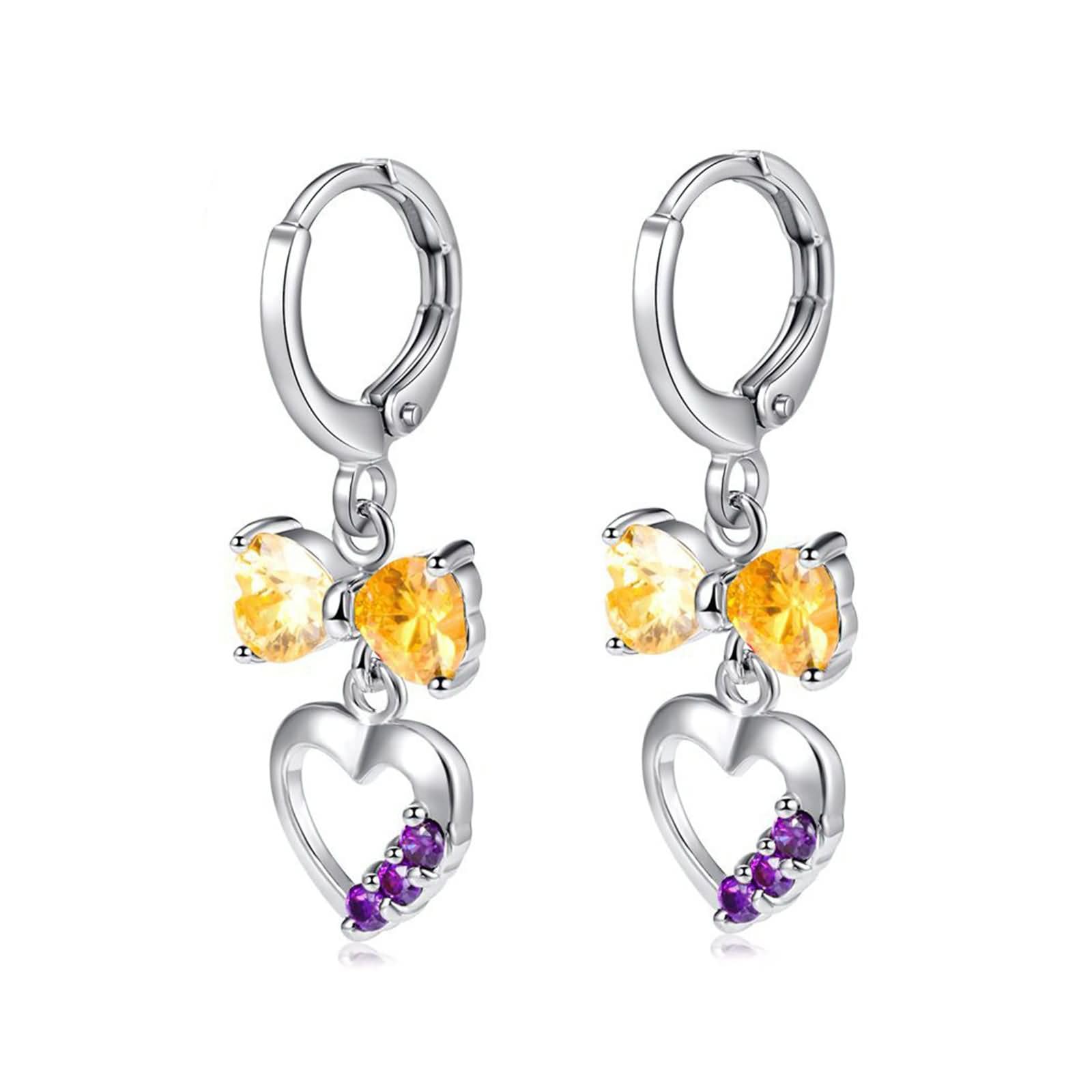 Weißgold Ohrringe Hochzeit 9K / 14K / 18 K Damen, Schleife und Hohl Herz mit Moissanit, Frauenohrringe Gold