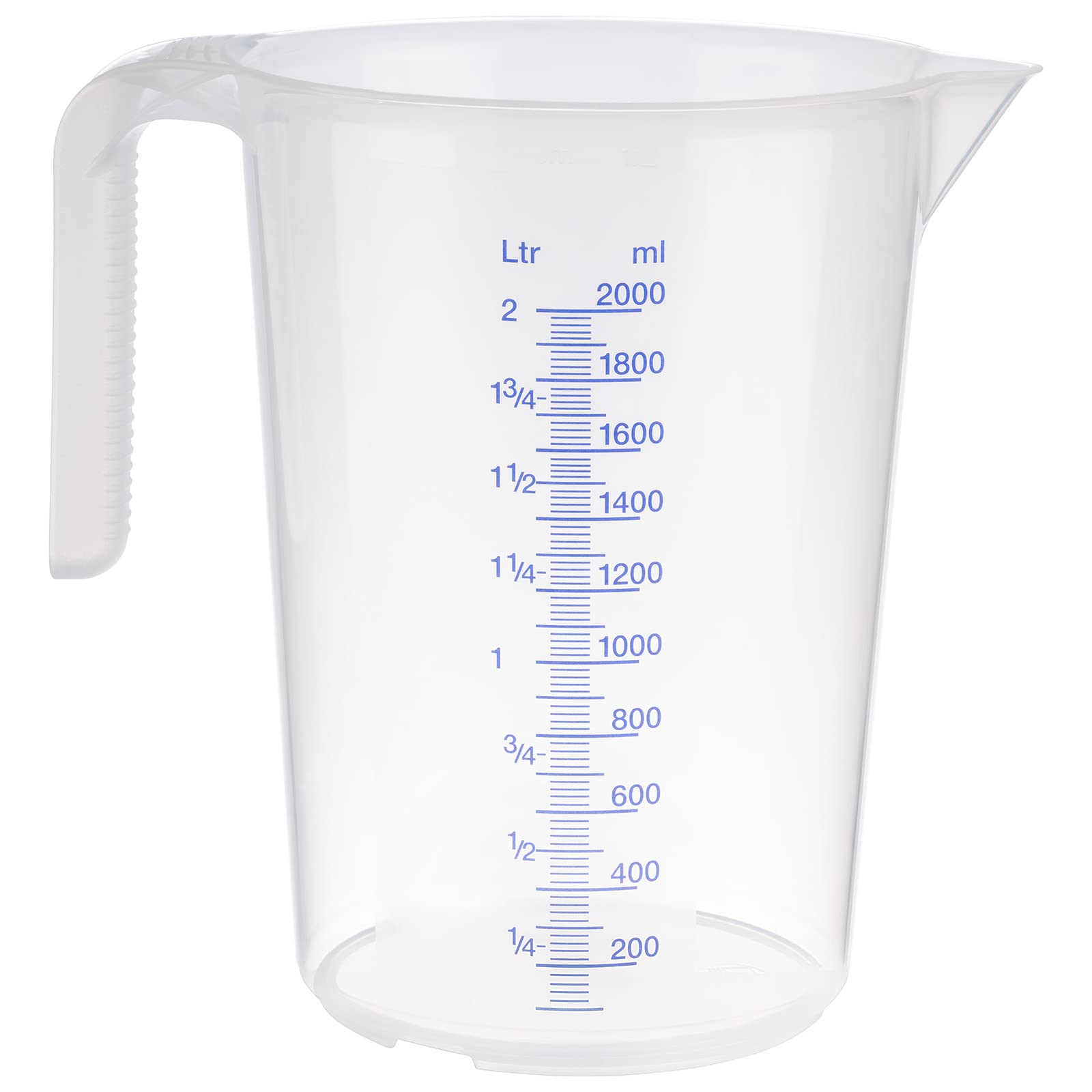 APS Misurino da 2 litri, diametro 15 x altezza 20,5 cm, bicchiere in plastica con scala esterna in rilievo, manico aperto, graduazione L/ml, lavabile in lavastoviglie