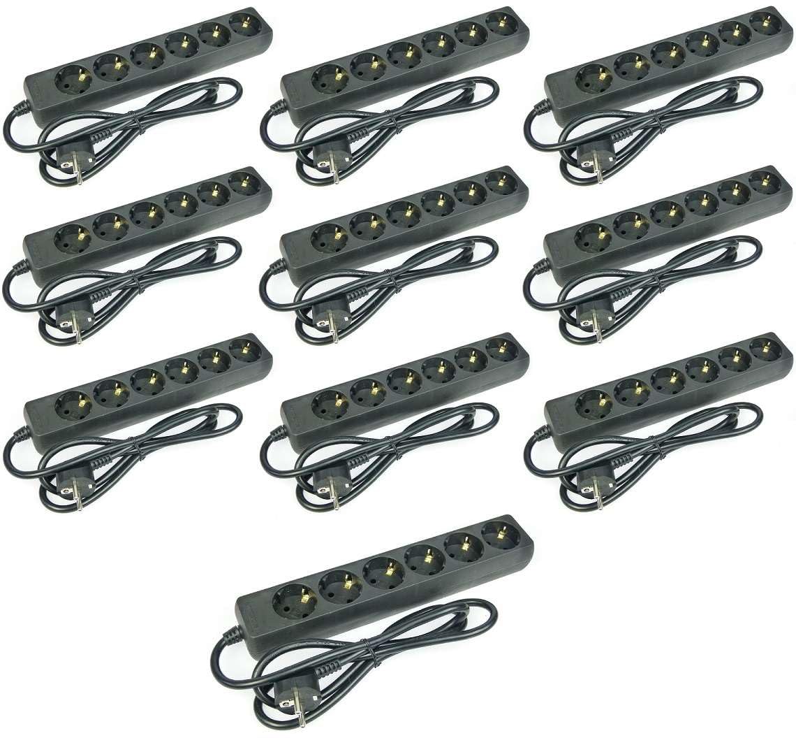 10 x G-L-T 6-Fach Mehrfachsteckdose schwarz Steckdosenleiste, Steckplätze 45 Grad gedreht, Kabel 1,4m, Steckerleiste