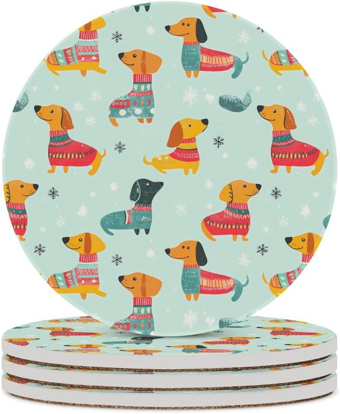 Cute Dachshund Dogs Snowflakes Round Ceramic Coasters for Drinks Absorbent Cup Holder Tabletop Protector with Cork Base
