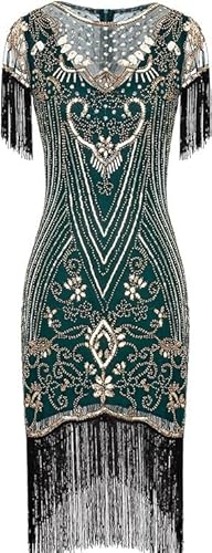 867 - Plus Size 1920s Vintage Fringed Gatsby Sequin Beaded Tassels Hem Flapper Party Prom Cocktail Dress (Green Gold, 5X)