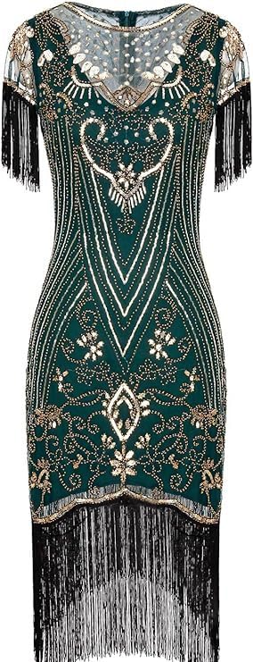 Image of 867 - Plus Size 1920s Vintage Fringed Sleeves Gatsby Sequin Tassels Hem Flapper Party Prom Cocktail Concert Dress