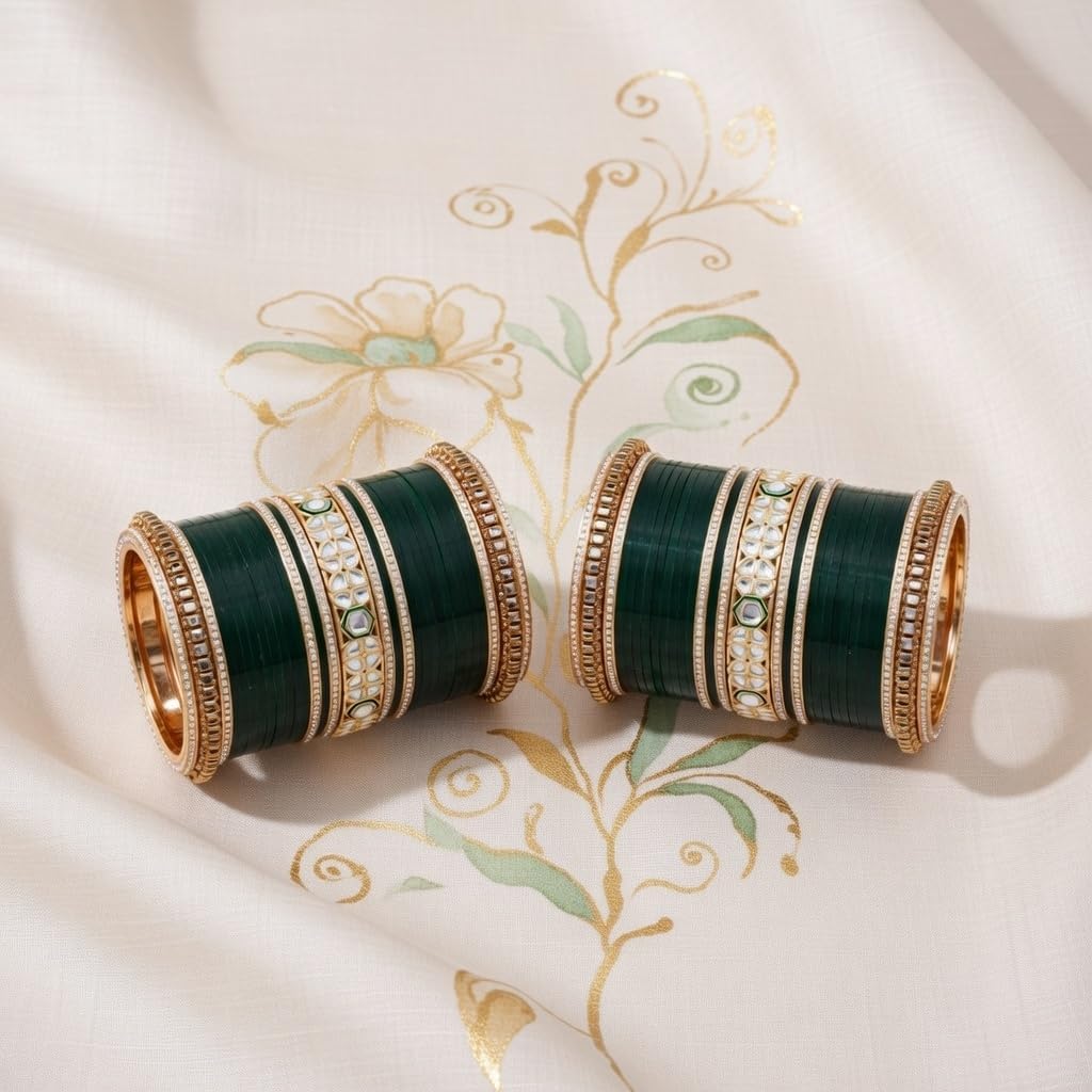 Efulgenz Indian Bridal Bangle Set for Women Chura Bangles Green Punjabi Chuda Acrylic Bangle Set for Wedding Faux Kundan Rhinestone Crystal Bridal Dulhan Choora Fashion Jewelry (62 Pcs)