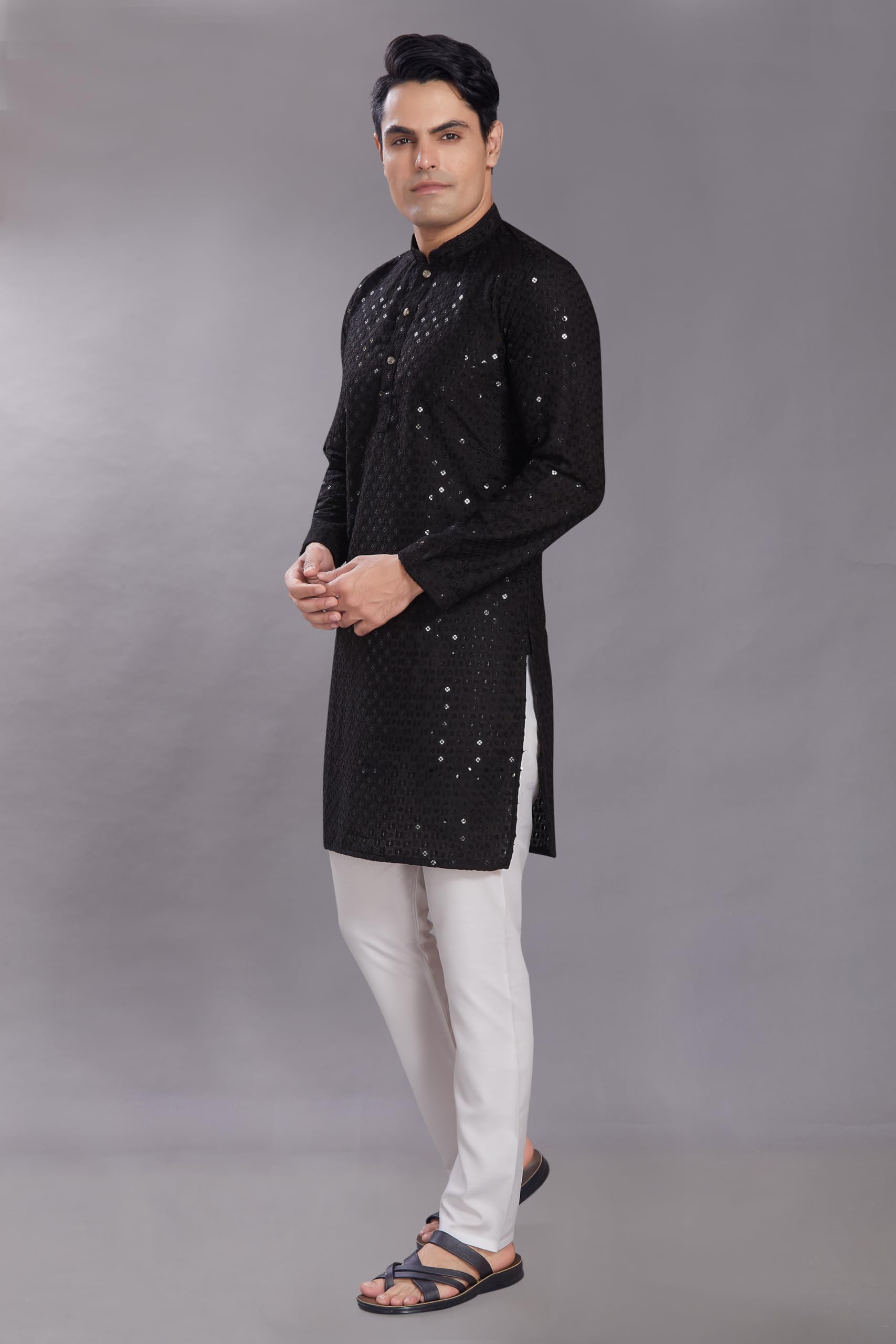 Divisive Men's Sequince Embroidered Cotton Blend Only Slim Fit Kurta (Dkrt555_S_Black)