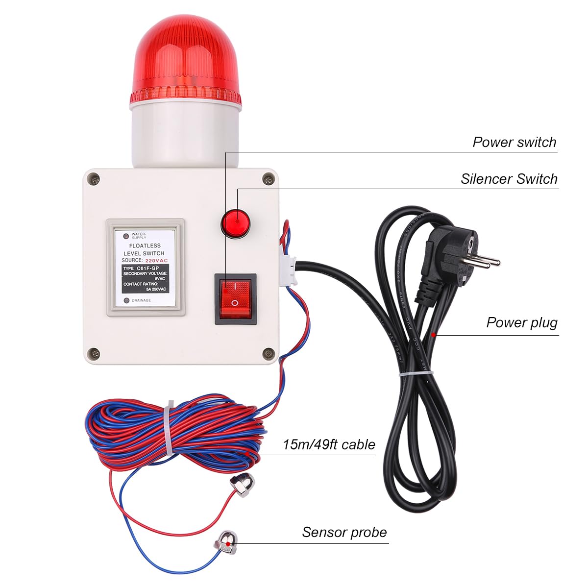 Alarme de Niveau d'eau, Sonde en Acier Inoxydable avec Câble de 15 M pour Détection de Liquide en Temps Réel avec Interrupteur Silencieux (Alarme de Niveau d'eau élevé sans Support)