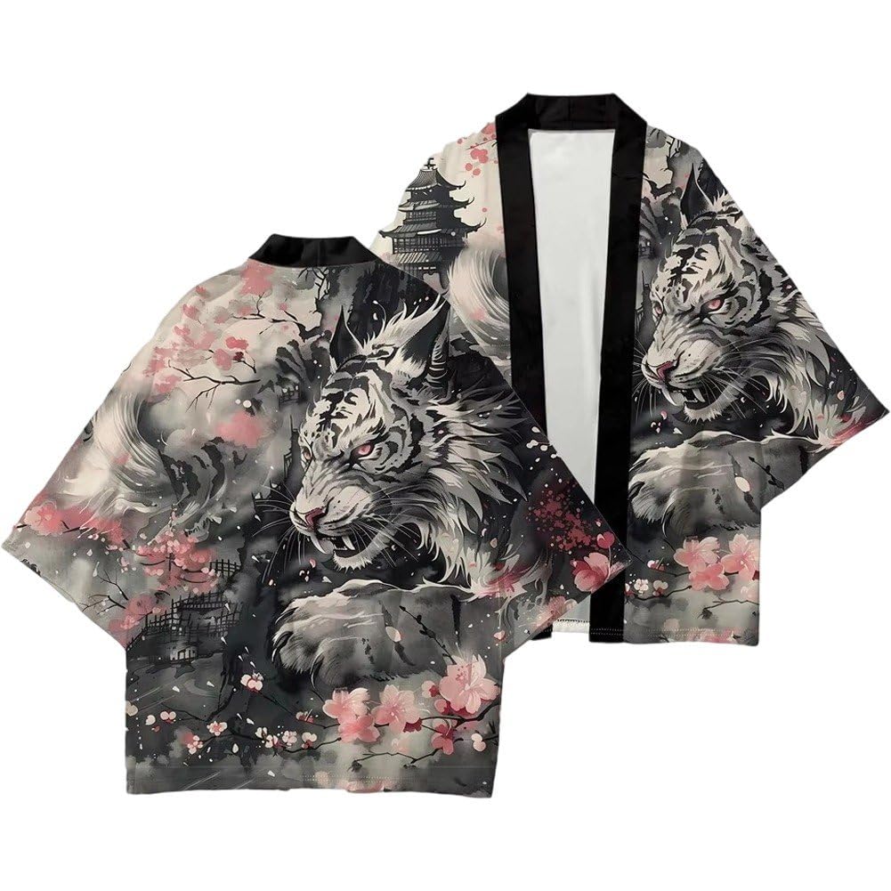 Uzztfa Unisex Black + Pink Japanese Kimono Jacket Cardigan Yukata Casual Seven Sleeves Lightweight Open Front Coat Japanese Style Bathrobe