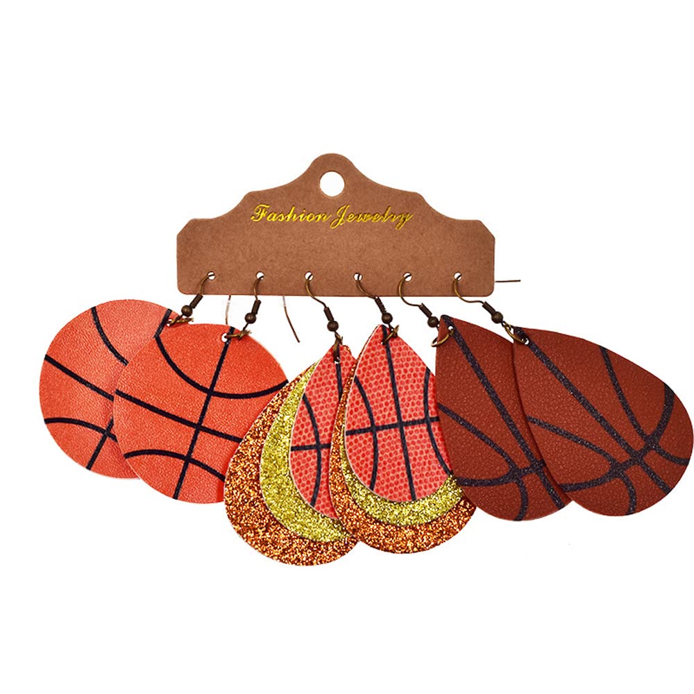 3 Pairs/Set Leather Earrings for Women Lightweight Football Ball Baseball Earrings Teardrop Ear Drop Dangle Sports Jewelry