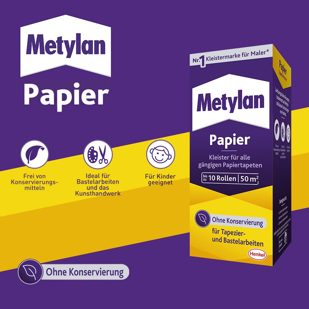 Metylan Papier, starker Tapetenkleister für leichte, normale und schwere Papiertapete, Kleister zum Tapezieren und Basteln ohne Konservierungsmittel, 40x125g