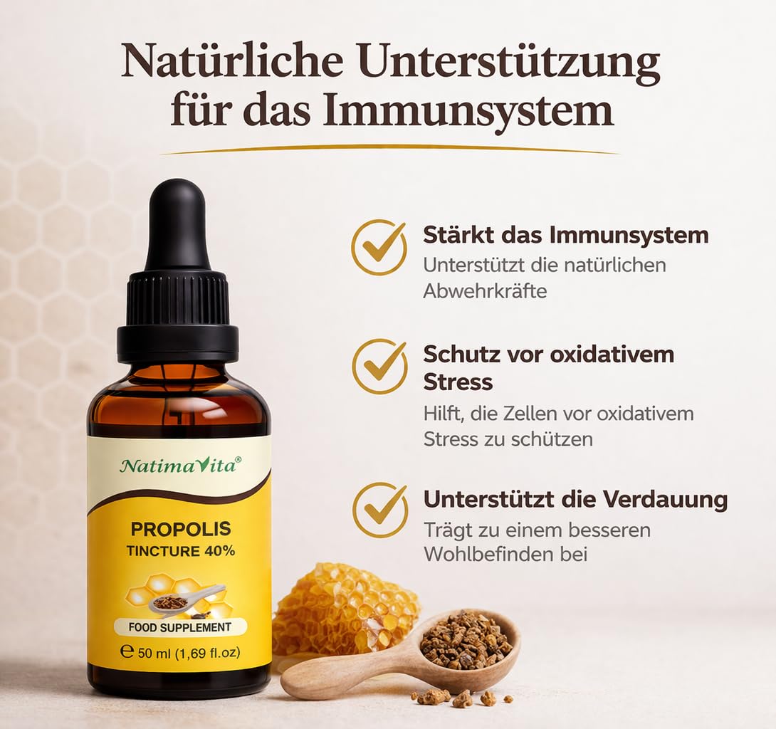 Propolis Tropfen 40% - 50 ml - Pure Hochdosierte Propolis Tinktur - 100% natürliches Extrakt - Immunsystem Unterstützung -Praktische Pipette - NatimaVita
